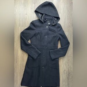 BP Brass Plum Juniors Black Hooded Button Up Wool Blend Jacket, size Small